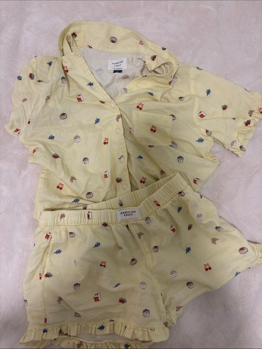 American Eagle Outfitters Yellow Snack & Fruit Print Pajama Set